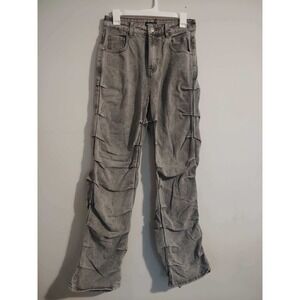 PrettyLittleThing Grey Acid Wash Ruched Stacked Straight Leg Jeans Size US 2